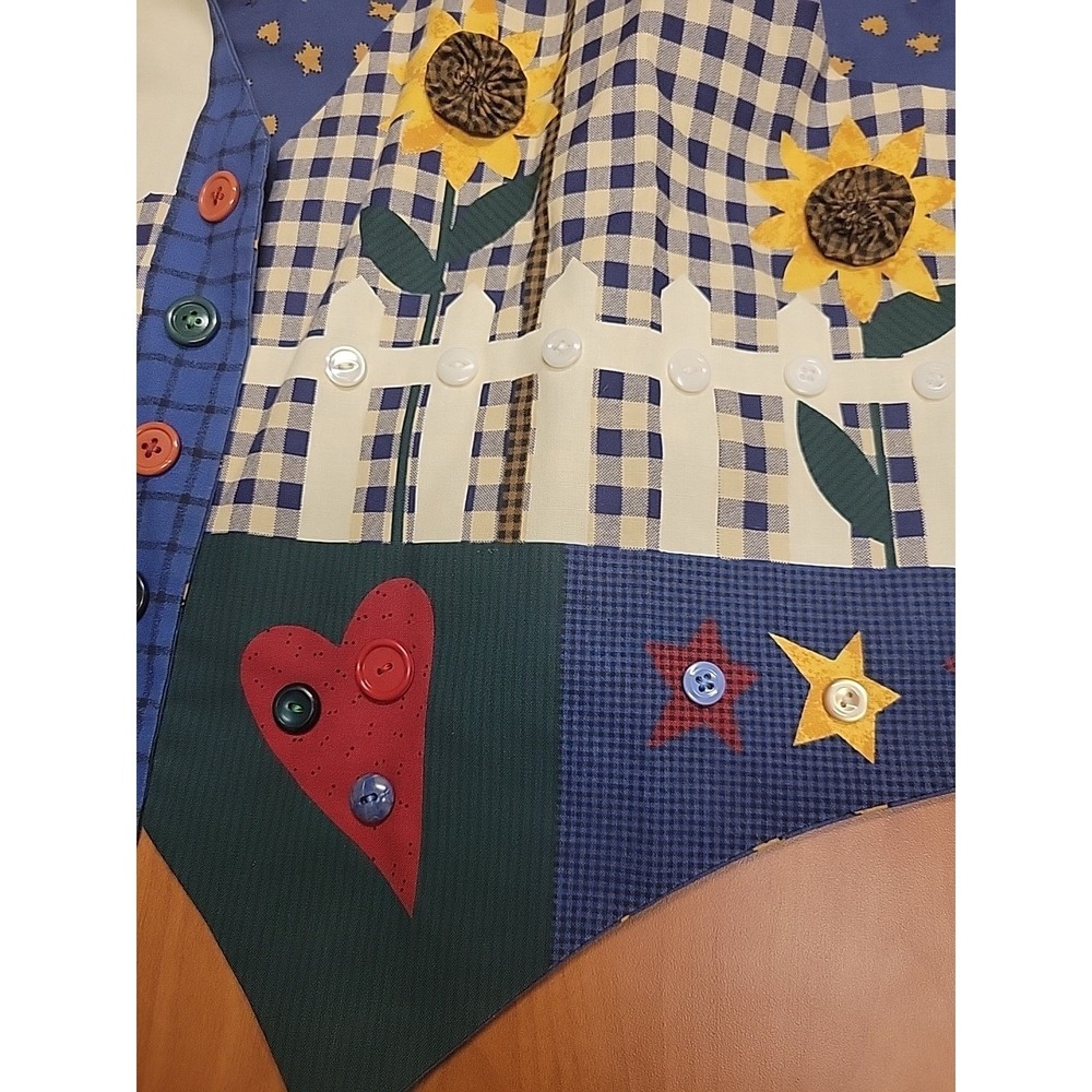 Vintage Cottagecore Patchwork Vest Sunflower Birdhouse Gingham Blue Artisan Sz L - Picture 4 of 12
